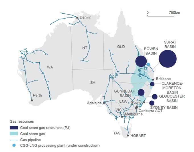 Australia’s coal seam gas reserves—in petajoules (PJ)—and associated infrastructure