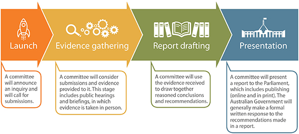 Image of inquiry process: starting with the launch, then evidence gathering, report drafting and finally presenting a report to parliament.