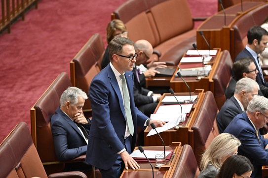 Opposition Senator Andrew Bragg asks a question during Question Time in the Senate
