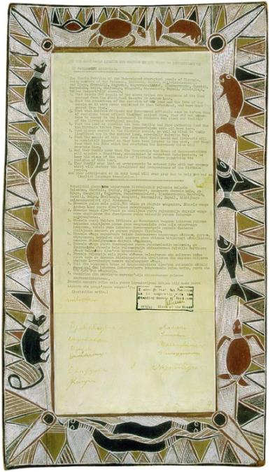 1963 petition from the Yirrkala people concerning land rights, on traditionally decorated bark