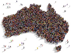 Large and diverse group of people seen from above gathered together in the shape of Australia