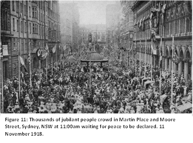 Figure 11: Thousands of jubilant people crowd in Martin Place and Moore Street, Sydney, NSW at 11:00am waiting for peace to be declared. 11 November 1918.