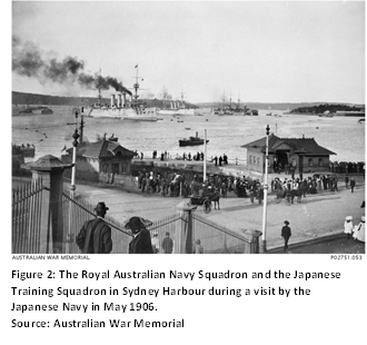Figure 2: The Royal Australian Navy Squadron and the Japanese Training Squadron in Sydney Harbour during a visit by the Japanese Navy in May 1906.