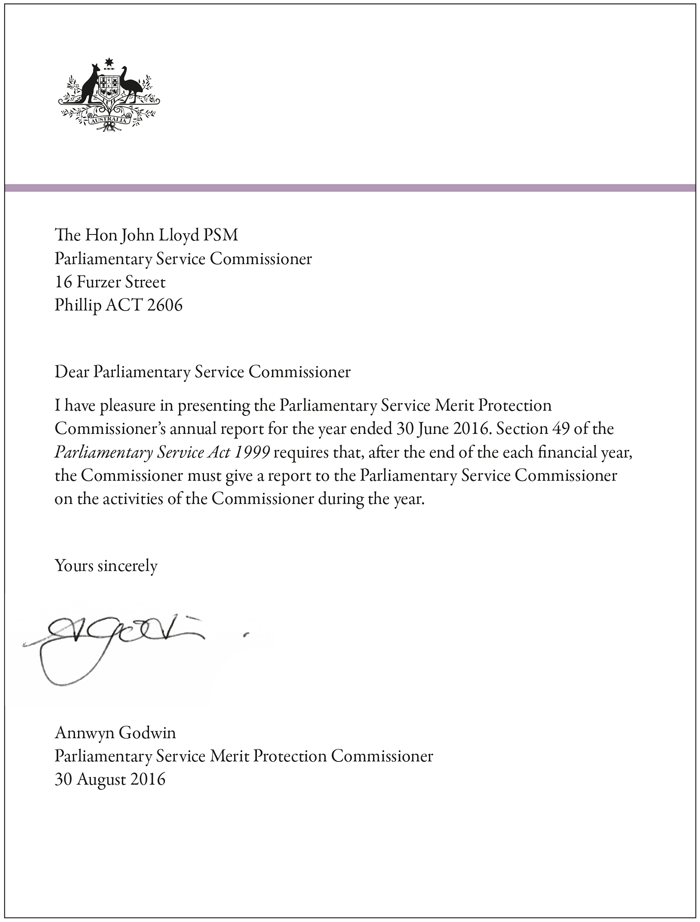 Parliamentary Services Merit Protection Commissioner Transmittal Letter