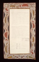 Yirrkala artists, Dhuwa moiety. Yirrkala Bark Petition 14.8.1963, 46.9 x 21 cm, natural ochres on bark, ink on paper 