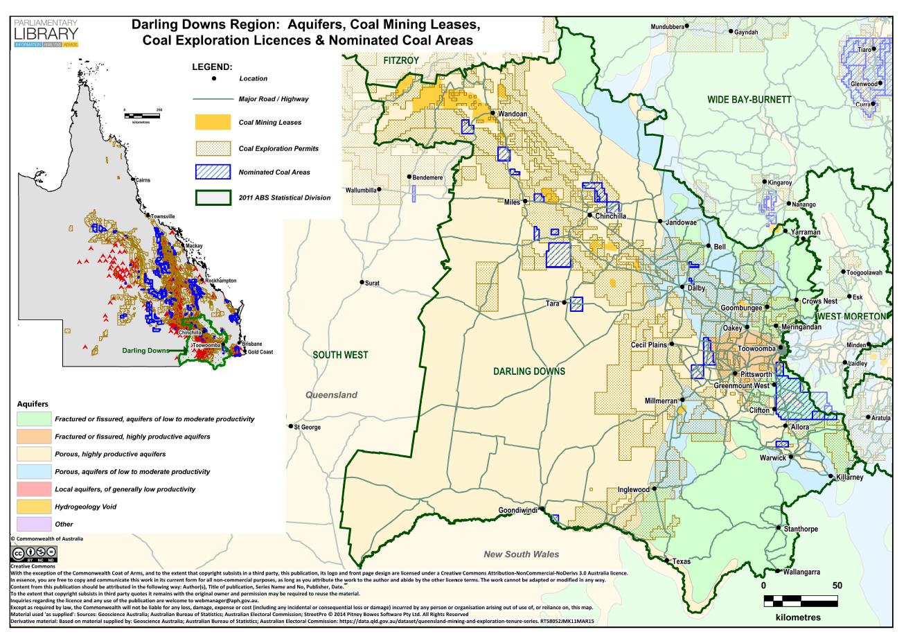 Figure 1: Acquifers, coal mining leases, coal exploration licences and nominated coal areas in the Darling Downs region