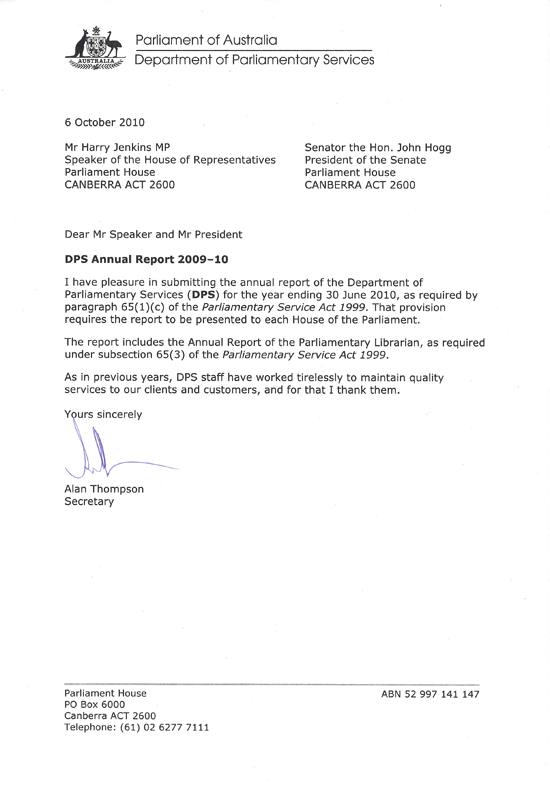 Letter of Transmittal from Alan Thompson, Secretary of the Department of Parliamentary Services