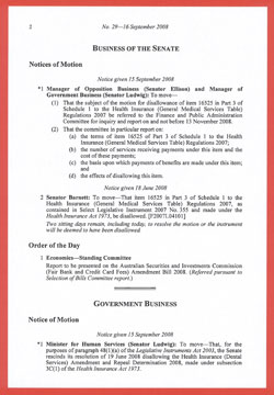 Business of the Senate items are listed ahead of Government Business in the Notice paper
