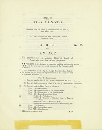 The Central Reserve Bank Bill 1930, the first government bill referred to a select committee with unhappy results for the government 