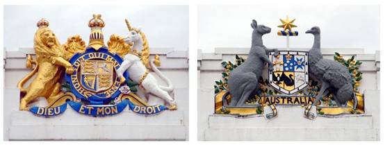 British arms (left) and Australian arms (right), front entrance, Old Parliament House