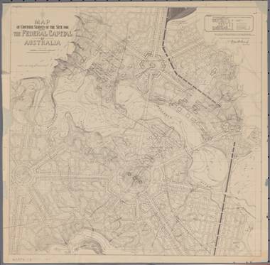 Figure 1: 1913 plan of the Griffins’ scheme with Capital Hill within the circular road in the centre of image, nla.map-gmod30, National Library of Australia.