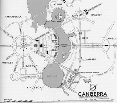 Figure 2: Post Holford plan of Canberra with Parliament House located on the edge of the lake and a ‘National Centre’ located on Capital Hill 