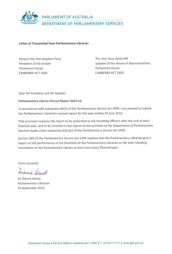 letters of transmittal parliament of australia the letter of transmittal