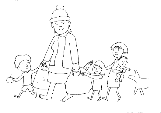 Image of happy lady with family and shopping bags