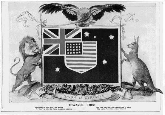 An image from the Australian illustrated magazine "Melbourne Punch". A parody of the Coat or Arms with a lion replacing the Emu, an eagle at the top and an amalgamation of the Australian and American flags.