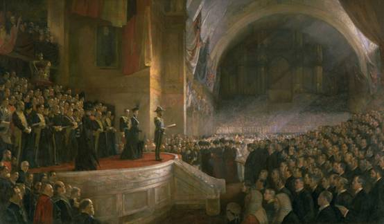 Opening of the First Parliament of the Commonwealth of Australia by HRH The Duke of Cornwall and York (later King George V), 9 May 1901, 1903 by Tom Roberts (1856–1931). Courtesy of Parliament House Art Collection Canberra, ACT.
