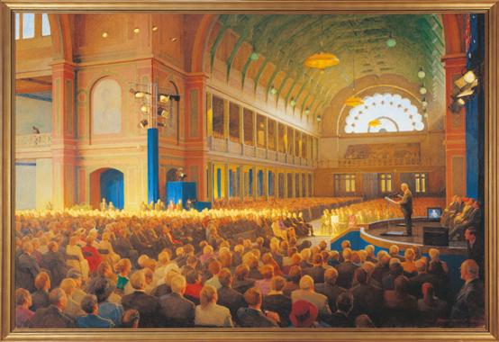 Centenary of Federation Commemorative Sitting of Federal Parliament, Royal Exhibition Building, Melbourne, 9 May 2001, 2003 by Robert Hannaford (1944–). Courtesy of Parliament House Art Collection Canberra, ACT.