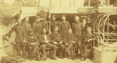 Crew of the USS Swatara on deck, 1874