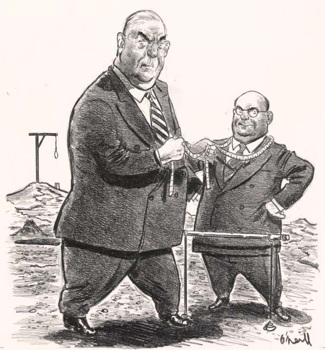 Ward   O’Neill   cartoon   of   Prime   Minister R.G. Menzies lassoing journalist Frank Browne, 7 July 2000. National Library of Australia vn3582577. Reproduced courtesy of Ward O’Neill.