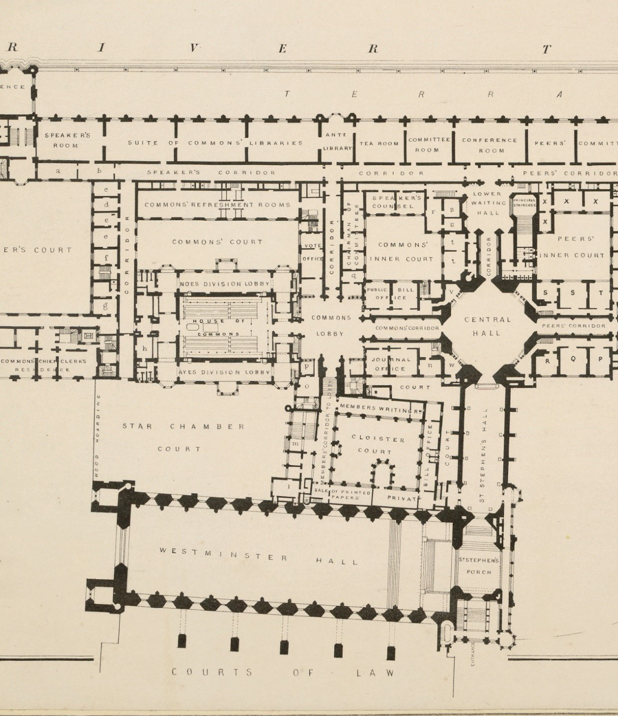 British House of Commons, from the Plan of the Houses of Parliament and Offices, on the principal floor of the Palace of Westminster (1852)