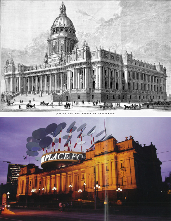 An artists interpretation of the Victorian Parliament House and a photo of the current building.