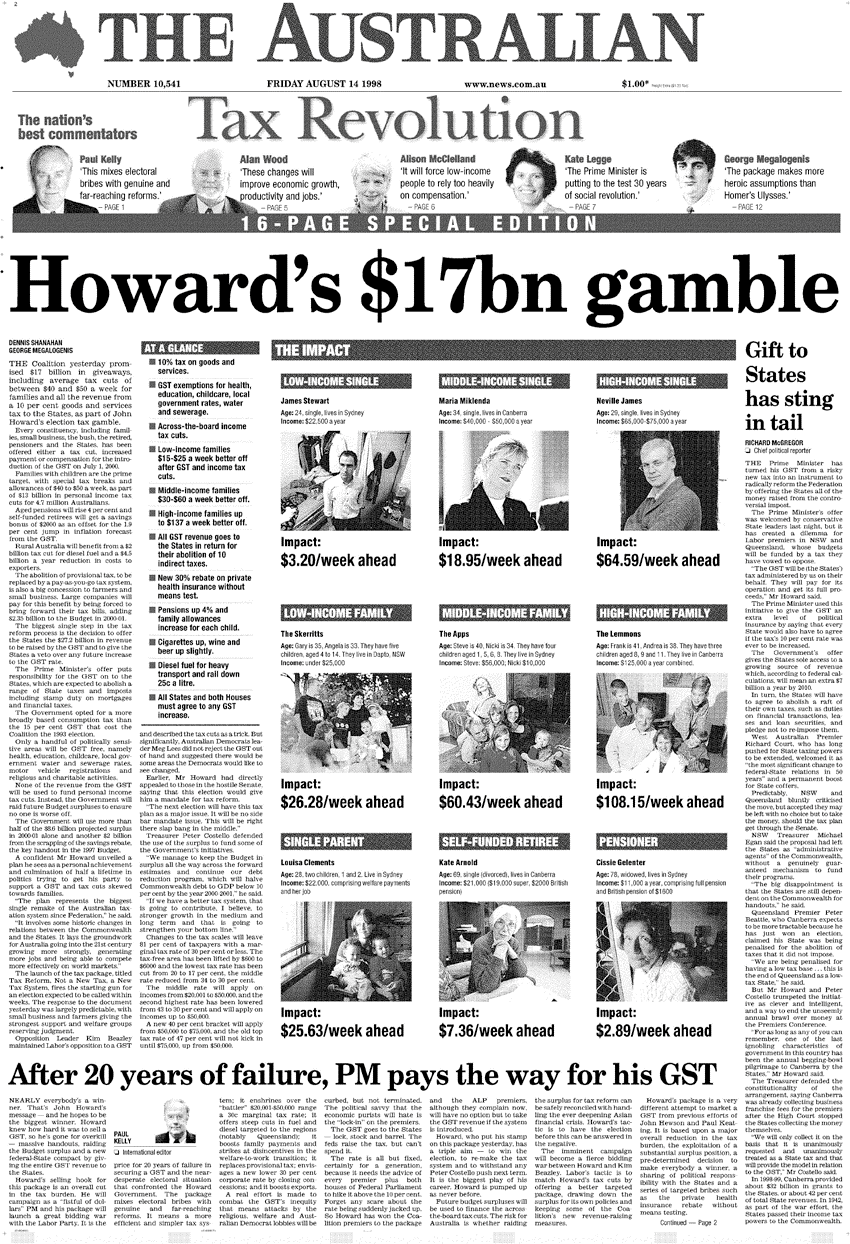 The cover of the August 14 1998 edition of the Australian with the headline "Howard's $17bn gamble"