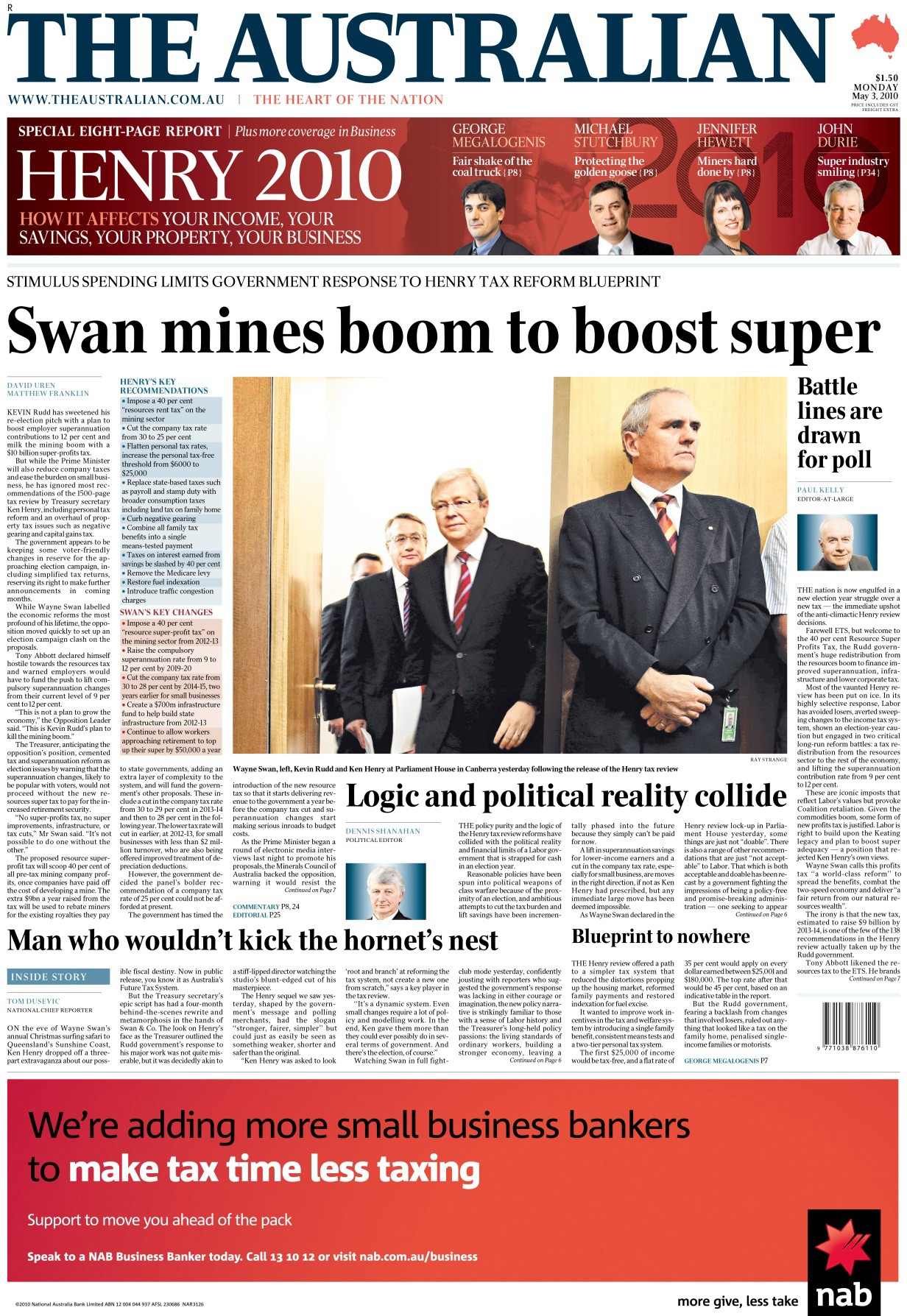 The cover of the May 3, 2010 edition of The Australian with the headline " Swan mines boom to boost super".