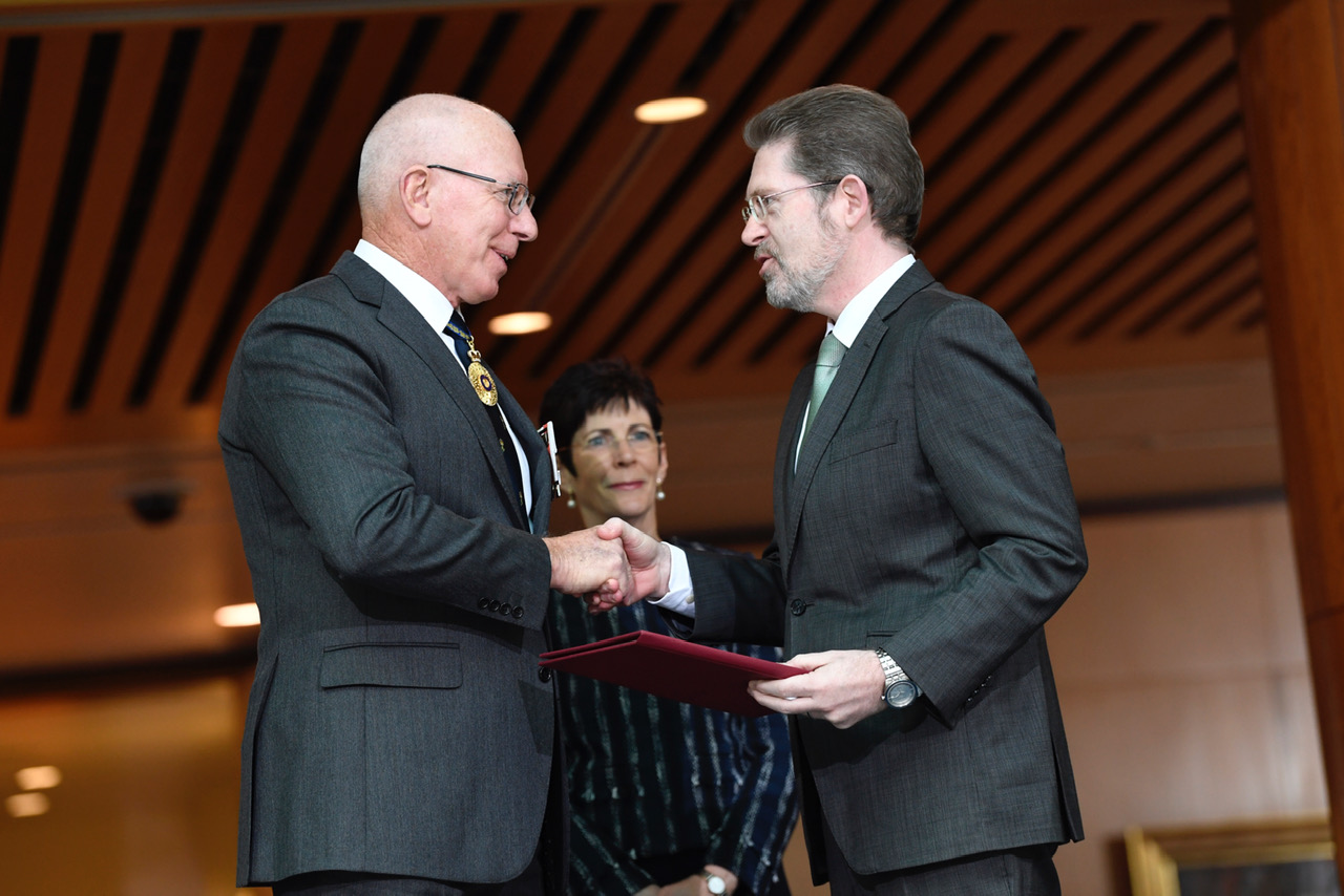 Senator the Hon Scott Ryan, President of the Senate, is presented to the Governor-General