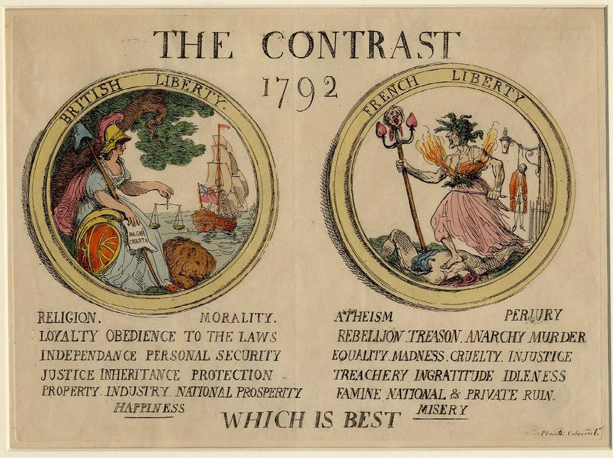 A poster showing the difference between British and French liberty