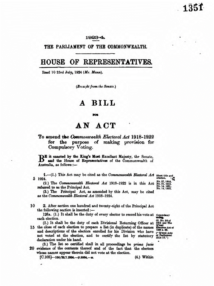 The first page of the Commonwealth Electoral Act Bill 1924