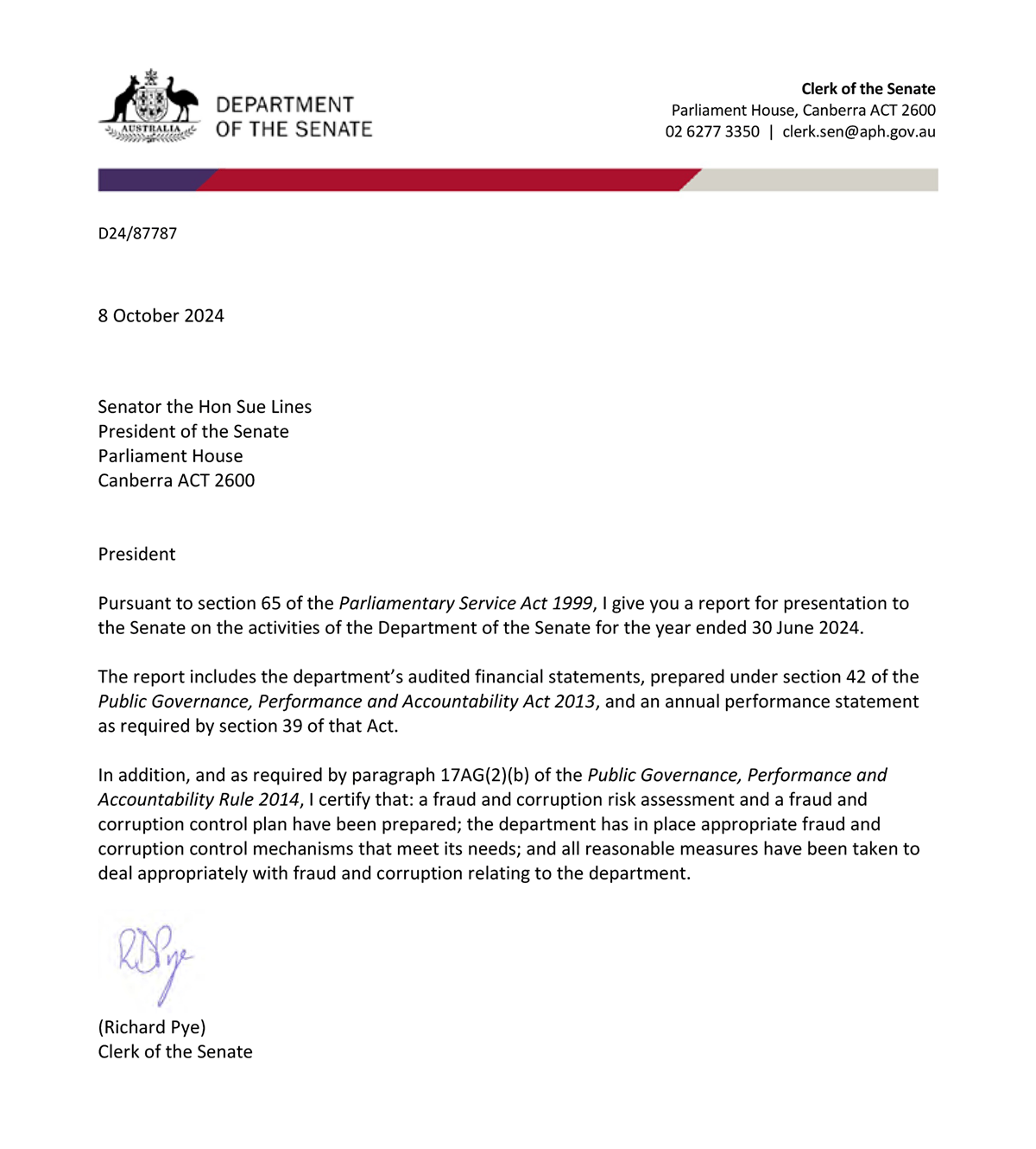 Use the link about to view the text version of the Letter of transmittal