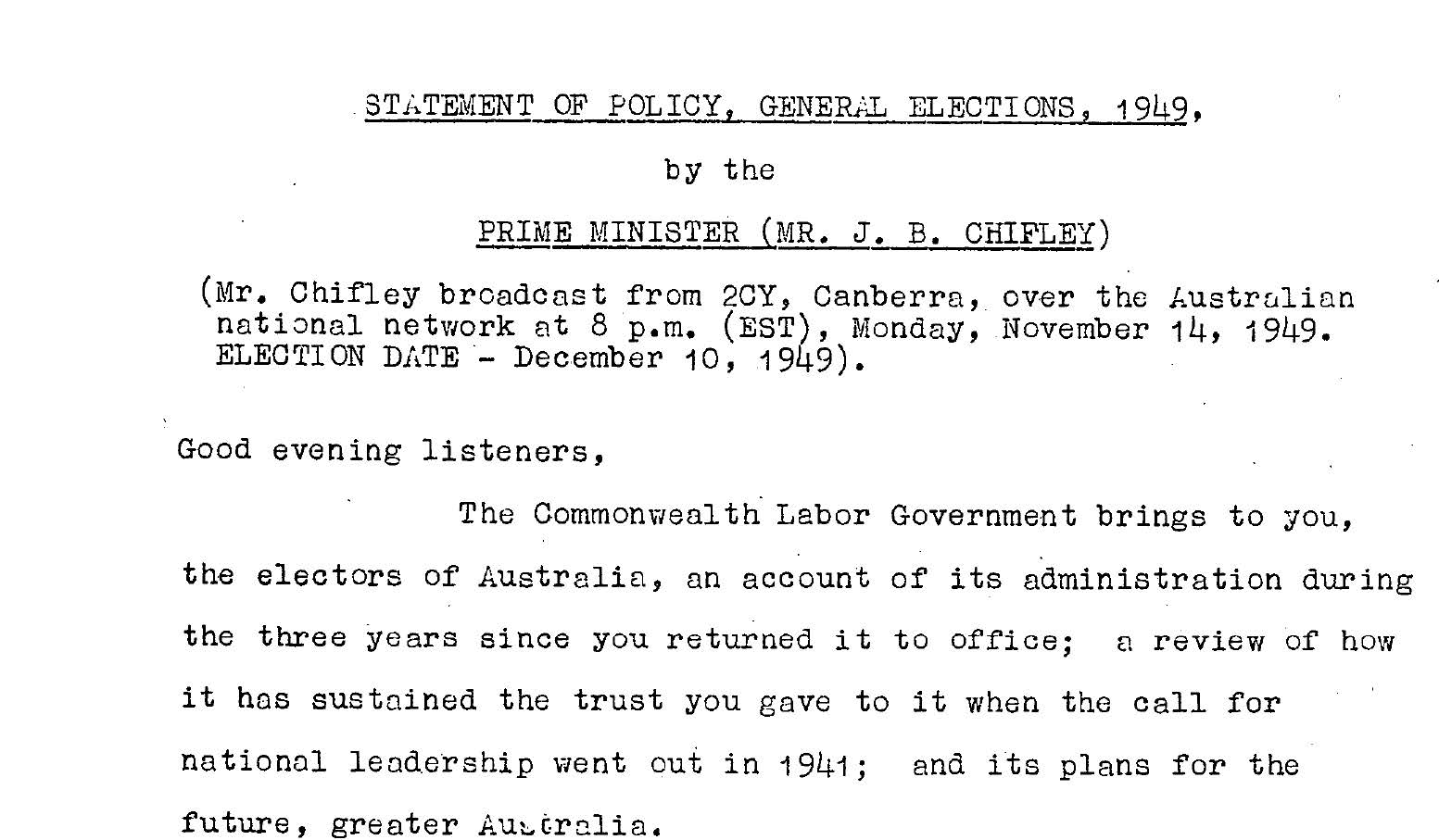 Statement of Policy General Elections, 1948 by the Prime Minister