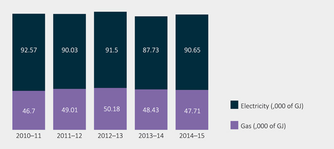 Figure 4: Bar graph if breakdown of annual electricity and gas consumption from 2010–11 to 2014–15