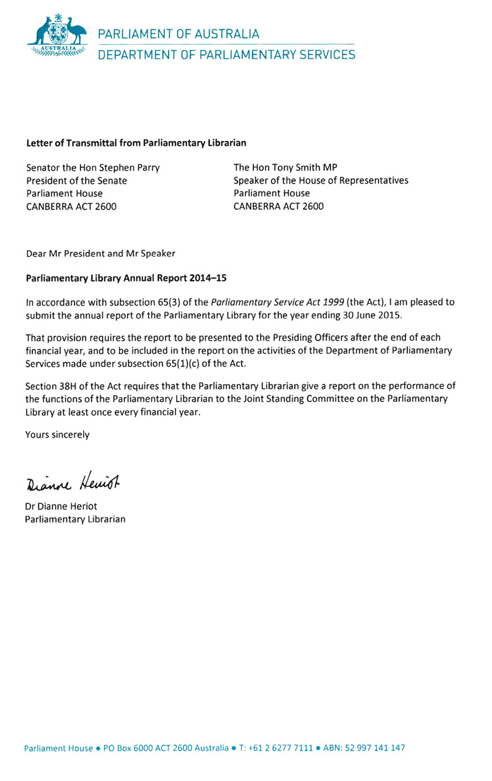 Letter of transmittal from Parliamenary Librarian