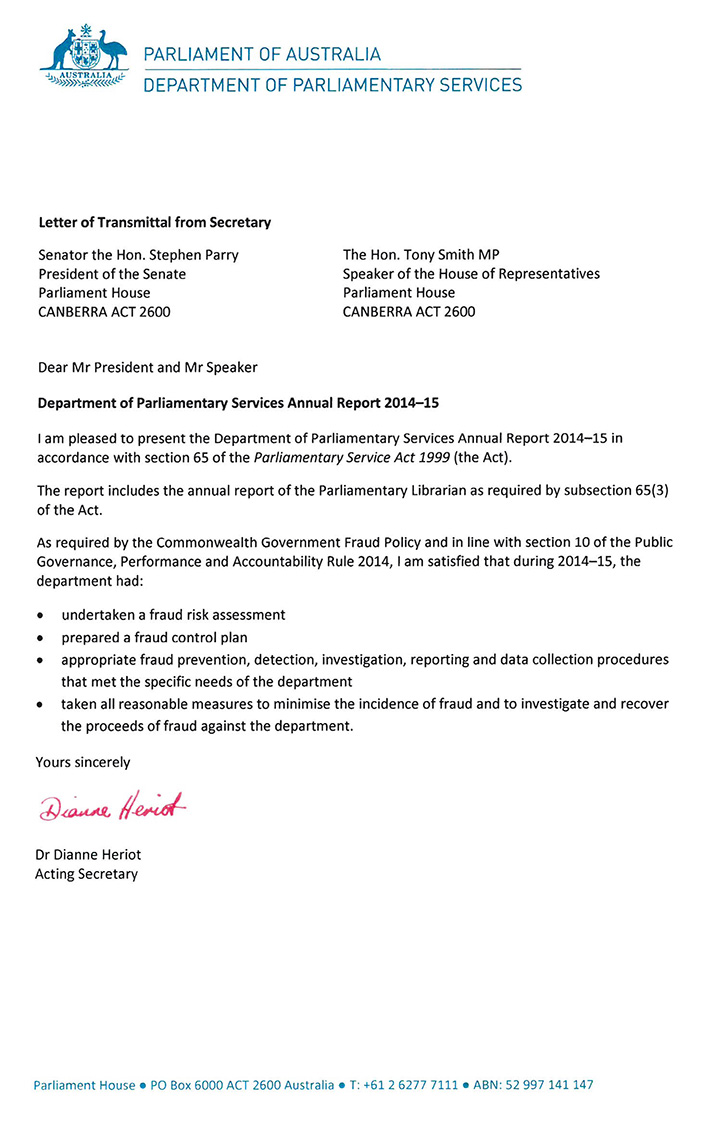 Letters Of Transmittal Parliament Of Australia