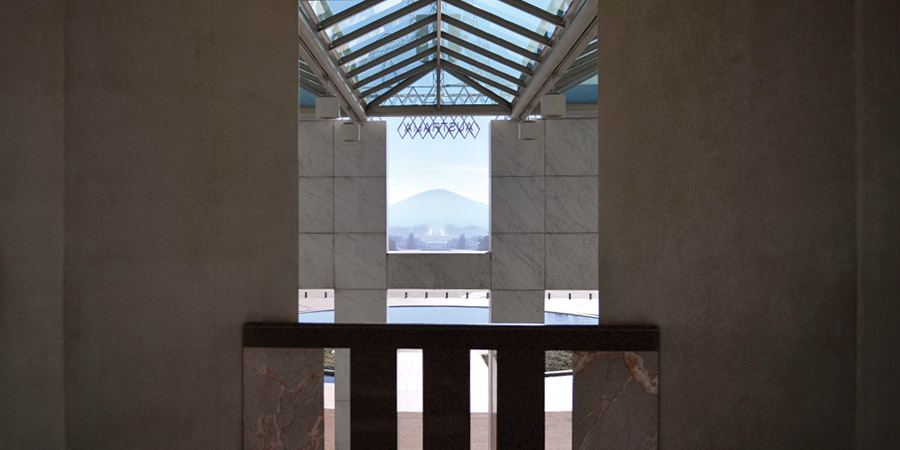 View from Queen's Terrace Cafe at Australian Parliament House looking towards ANZAC Parade and the Australian War Memorial