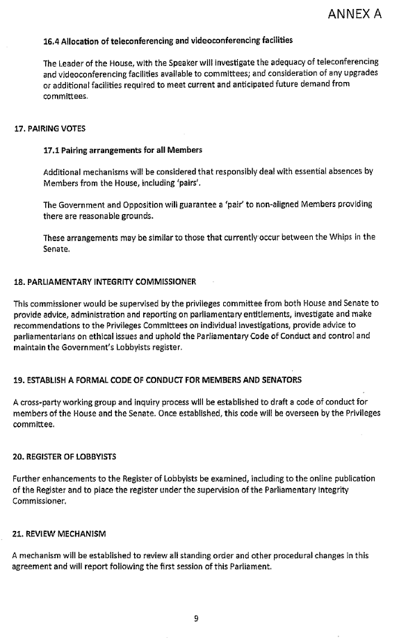 Agreement for a better Parliament