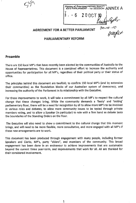 Agreement for a better Parliament