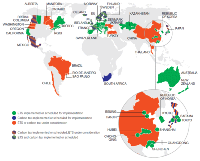 Figure 1 National and sub-national jurisdictions with a carbon pricing instrument implemented, scheduled or under consideration
