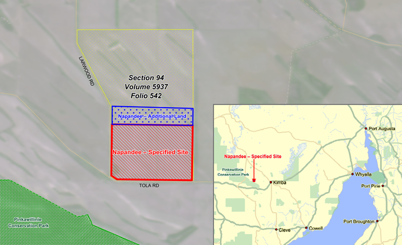 Map of specified site and additional land specified in the Bill at ‘Napandee’ near Kimba, South Australia png