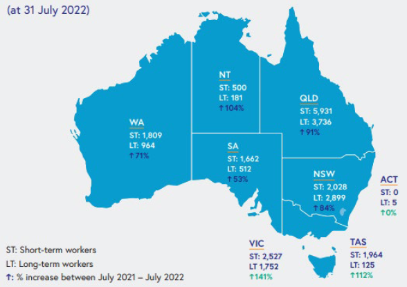 Map of Australia - showing distribution of workers