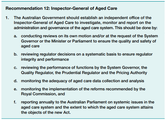 Royal Commission’s recommendation for an Inspector-General of Aged Care