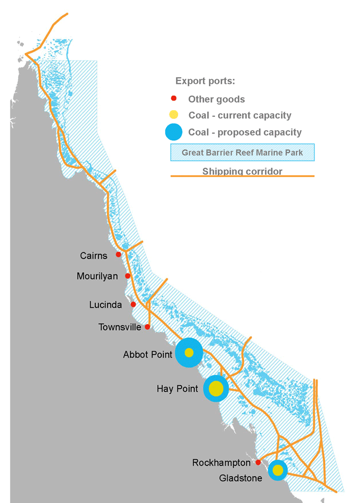 Shipping lanes and ports in the GBRMP