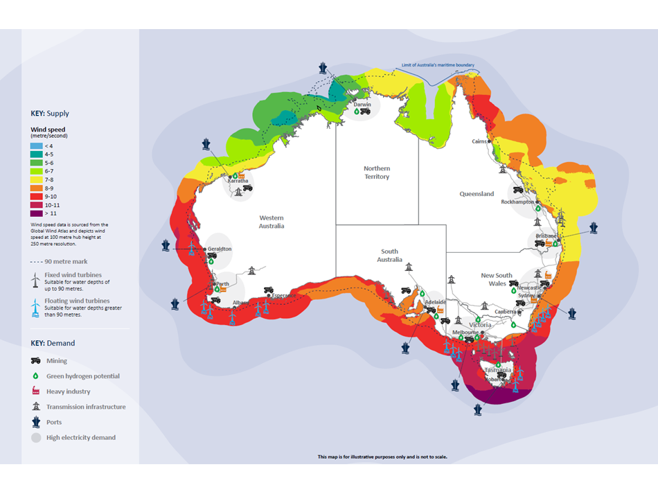 infographic of map of Australia showing supply and demand potential for offshore wind energy