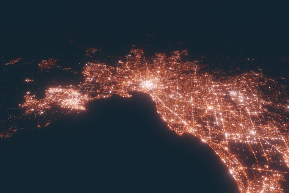 Melbourne aerial view at night. Top view on modern city with street lights. Satellite view with glow effect