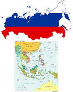 Flag-map of Russia (top) and Political Southeast Asia map