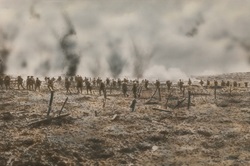 "Following the barrage, 20th September, 1917". A hand-coloured print of a photograph taken by an unknown Australian soldier showing the attack on Polygon Wood by the Australian troops that followed a great barrage on the morning of 20 September 1917.