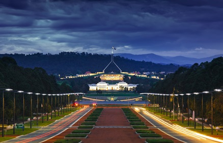 Photo of Old Parliament house and New Parliament House in the evening