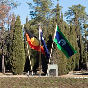 Photo of Aboriginal flag, Australian flag and Torres Strait Islander flag together