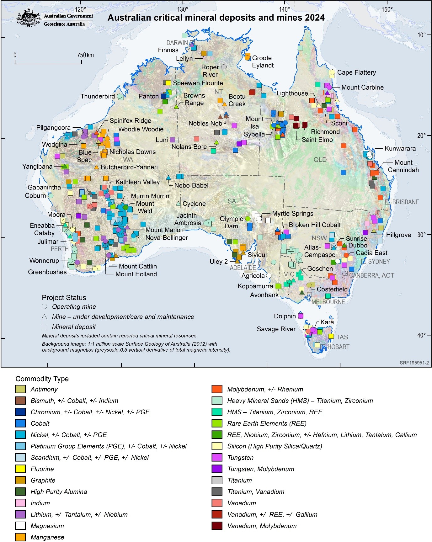 A map of Australia showing locations and status of Australian operating mines, mines under development, mines on care and maintenance and mineral deposits associated with a critical mineral resource as at December 2024. 